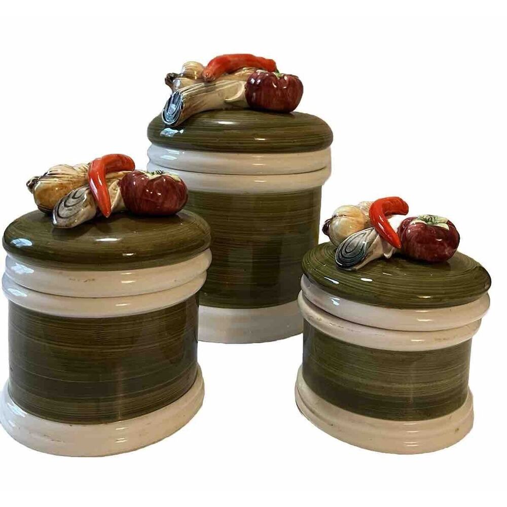 Vintage Garden Harvest Green & White hand painted 1325 japan canister set